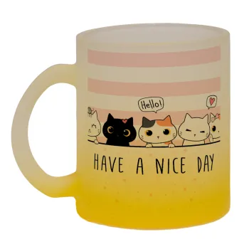Have a nice day cats, Κούπα γυάλινη δίχρωμη με βάση το κίτρινο ματ, 330ml