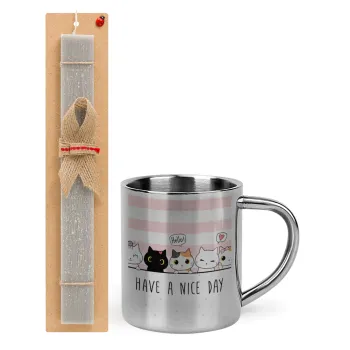 Have a nice day cats, Easter Set, metallic thermal cup (300ml) & Easter aromatic flat candle (30cm) (GRAY)