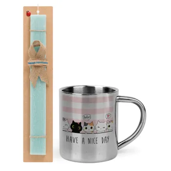 Have a nice day cats, Easter Set, metallic thermal cup (300ml) & aromatic flat Easter candle (30cm) (TURQUOISE)
