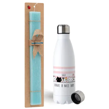 Have a nice day cats, Easter Set, metallic stainless steel water bottle (750ml) & aromatic flat Easter candle (30cm) (TURQUOISE)
