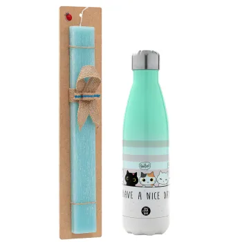 Have a nice day cats, Easter Set, Metallic green/white thermos (Stainless steel), double-walled, 500ml & scented flat Easter candle (30cm) (TURQUOISE)