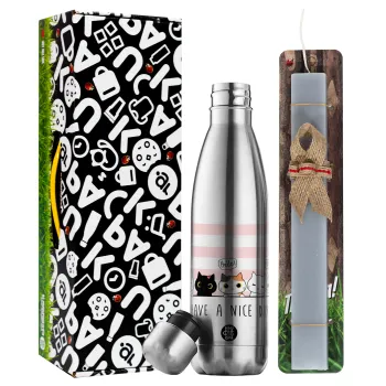 Have a nice day cats, Easter Set, metallic stainless thermos flask (500ml) & scented flat Easter candle (30cm) (GRAY)