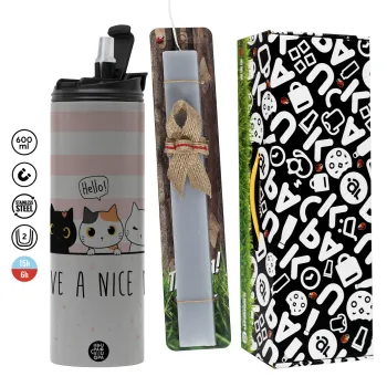 Have a nice day cats, Πασχαλινή Λαμπάδα με Travel Tumbler θερμό (600ml, BPA free) & κερί αρωματικό πλακέ (30cm) (ΓΚΡΙ)