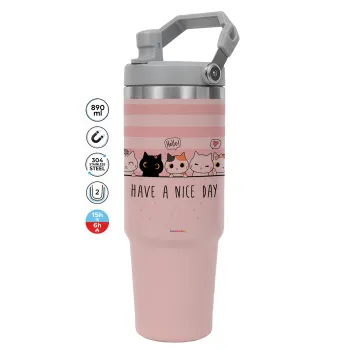 Have a nice day cats, Pink color, 890ml (30oz) stainless Steel Tumbler with Handle