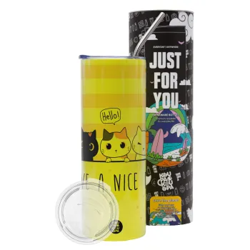 Have a nice day cats, Neon Yellow Travel Tumbler θερμό, μεταλλικό καλαμάκι(Ανωξείδωτο 304 Food grade, BPA free, 600ml)