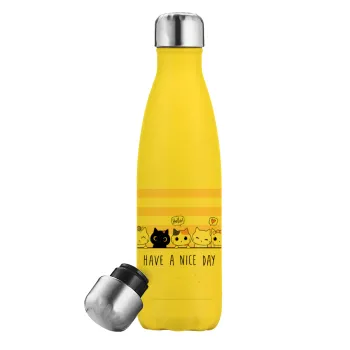 Have a nice day cats, Yellow Stainless Steel Metallic Thermos, double-walled, 500ml