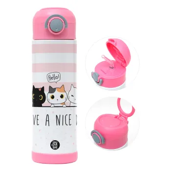 Have a nice day cats, Children's hot water bottle, stainless steel, with safety straw, PINK (500ml)