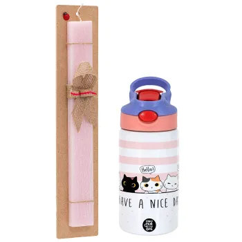 Have a nice day cats, Easter Set, Children's thermal stainless steel water bottle with safety straw, pink/purple (350ml) & Easter scented flat candle (30cm) (PINK)