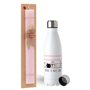Have a nice day cats, Easter Set, metallic stainless steel water bottle (750ml) & scented flat Easter candle (30cm) (PINK)