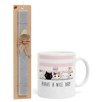 Have a nice day cats, Πασχαλινή Λαμπάδα με Κούπα κεραμική (330ml) & κερί αρωματικό πλακέ (30cm) (ΓΚΡΙ)