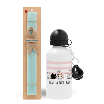 Have a nice day cats, Easter Set, metallic aluminum water bottle (500ml) & scented flat candle (30cm) (TURQUOISE)