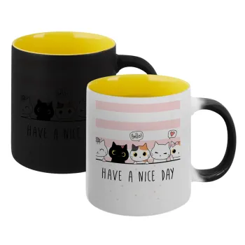 Have a nice day cats, Κούπα Μαγική εσωτερικό κίτρινη, κεραμική 330ml που αλλάζει χρώμα με το ζεστό ρόφημα