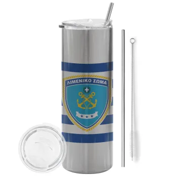 Hellenic coast guard, Tumbler stainless steel Silver 600ml, with metal straw & cleaning brush