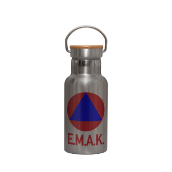 E.M.A.K., Stainless steel metallic thermos flask, silver with a bamboo lid, double-walled, 350ml.