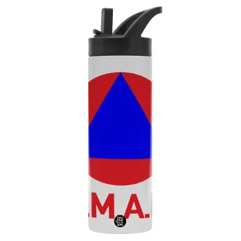 Ε.Μ.Α.Κ., Μεταλλικό παγούρι θερμός με καλαμάκι & χειρολαβή, ανοξείδωτο ατσάλι (Stainless steel 304), διπλού τοιχώματος, 600ml