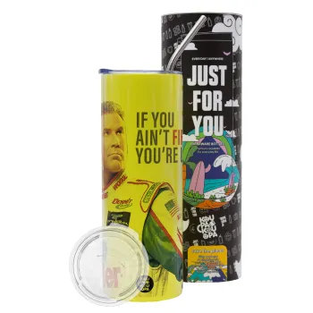 If You Ain't First You're Last Ricky Bobby, Talladega Nights, Neon Yellow Travel Tumbler θερμό, μεταλλικό καλαμάκι(Ανωξείδωτο 304 Food grade, BPA free, 600ml)