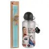 Easter Set, metallic silver aluminum water bottle (500ml) & scented flat Easter candle (30cm) (TURQUOISE)