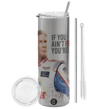 If You Ain't First You're Last Ricky Bobby, Talladega Nights, Tumbler ποτήρι θερμό Ασημένιο από ανοξείδωτο ατσάλι 600ml, με μεταλλικό καλαμάκι & βούρτσα καθαρισμού