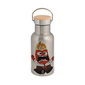 Inside Out Angry, Stainless steel metallic thermos flask, silver with a bamboo lid, double-walled, 350ml.