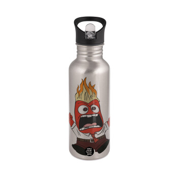 Inside Out Angry, Water bottle Silver with straw, stainless steel 600ml