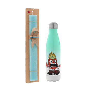 Inside Out Angry, Easter Set, Metallic green/white thermos (Stainless steel), double-walled, 500ml & scented flat Easter candle (30cm) (TURQUOISE)