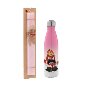 Inside Out Angry, Easter Set, Metallic pink/white (Stainless steel) thermos, double-walled, 500ml & aromatic flat Easter candle (30cm) (PINK)