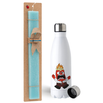 Inside Out Angry, Easter Set, metallic stainless steel water bottle (750ml) & aromatic flat Easter candle (30cm) (TURQUOISE)