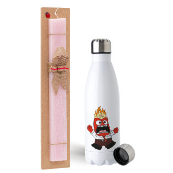 Inside Out Angry, Easter Set, metallic stainless steel water bottle (750ml) & scented flat Easter candle (30cm) (PINK)
