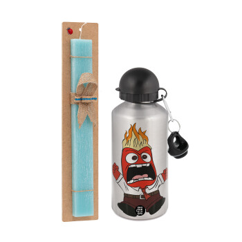 Inside Out Angry, Easter Set, metallic silver aluminum water bottle (500ml) & scented flat Easter candle (30cm) (TURQUOISE)