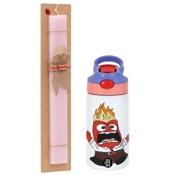 Inside Out θυμός, Πασχαλινή Λαμπάδα με Παιδικό παγούρι θερμό, ανοξείδωτο, με καλαμάκι ασφαλείας, ροζ/μωβ (350ml) & κερί αρωματικό πλακέ (30cm) (ΡΟΖ)