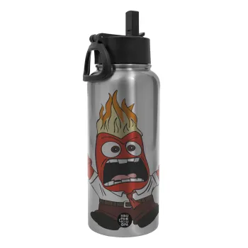 Inside Out Angry, Metal mug thermo Silver with Straw and Spout Lid (Stainless steel), double wall, 950ml