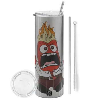 Inside Out Angry, Tumbler stainless steel Silver 600ml, with metal straw & cleaning brush