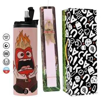 Inside Out θυμός, Πασχαλινή Λαμπάδα με  ΡΟΖ Travel Tumbler θερμό (600ml, BPA free) & κερί αρωματικό πλακέ (30cm) (ΡΟΖ)