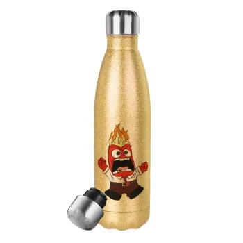 Inside Out Angry, Glitter gold stainless steel thermos bottle, double-walled, 500ml