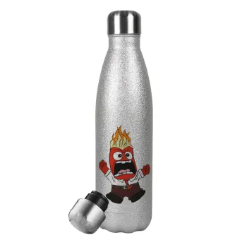 Inside Out Angry, Metallic Glitter Silver Thermos Flask (Stainless steel), double-walled, 500ml