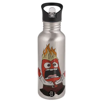 Inside Out Angry, Water bottle Silver with straw, stainless steel 600ml
