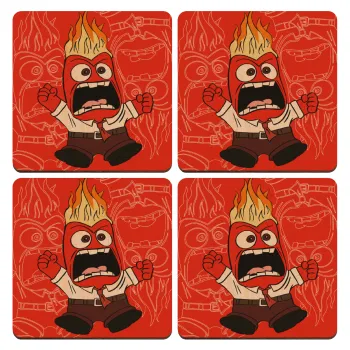 Inside Out Angry, ΣΕΤ x4 Σουβέρ ξύλινα τετράγωνα plywood (9cm)