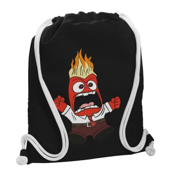 Inside Out θυμός, Τσάντα πλάτης πουγκί GYMBAG Μαύρη, με τσέπη (40x48cm) & χονδρά λευκά κορδόνια