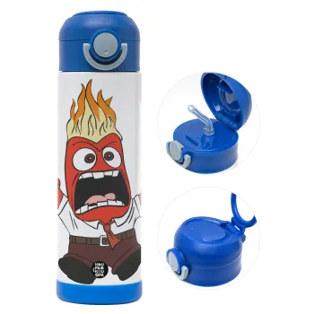 Inside Out Angry, Children's hot water bottle, stainless steel, with safety straw, BLUE (500ml)