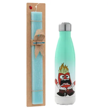 Inside Out θυμός, Πασχαλινή Λαμπάδα με Μεταλλικό παγούρι θερμός Πράσινο/Λευκό (Stainless steel), διπλού τοιχώματος, 500ml & κερί αρωματικό πλακέ (30cm) (ΤΙΡΚΟΥΑΖ)