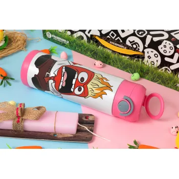 Inside Out θυμός, Πασχαλινή Λαμπάδα με Παιδικό παγούρι θερμό, ανοξείδωτο, με καλαμάκι ασφαλείας, ΡΟΖ (500ml)