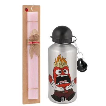 Inside Out θυμός, Πασχαλινή Λαμπάδα με παγούρι μεταλλικό Ασημένιο αλουμινίου (500ml) & κερί αρωματικό πλακέ (30cm) (ΡΟΖ)