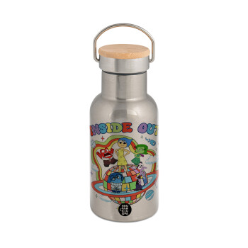 Inside Out, Stainless steel metallic thermos flask, silver with a bamboo lid, double-walled, 350ml.