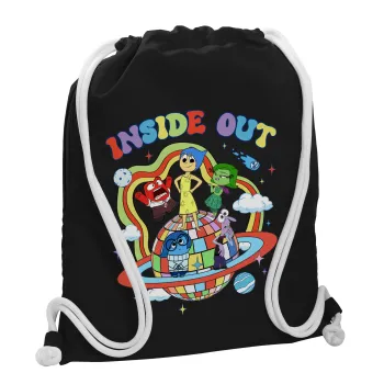 Inside Out, Τσάντα πλάτης πουγκί GYMBAG Μαύρη, με τσέπη (40x48cm) & χονδρά λευκά κορδόνια