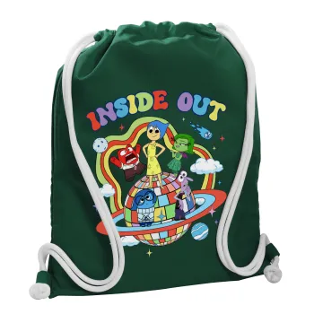 Inside Out, Τσάντα πλάτης πουγκί GYMBAG BOTTLE GREEN, με τσέπη (40x48cm) & χονδρά λευκά κορδόνια