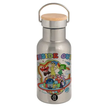 Inside Out, Stainless steel metallic thermos flask, silver with a bamboo lid, double-walled, 350ml.