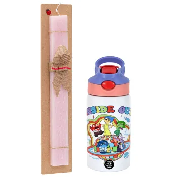 Inside Out, Easter Set, Children's thermal stainless steel water bottle with safety straw, pink/purple (350ml) & Easter scented flat candle (30cm) (PINK)