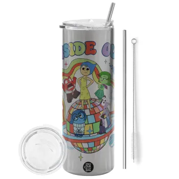 Inside Out, Tumbler ποτήρι θερμό Ασημένιο από ανοξείδωτο ατσάλι 600ml, με μεταλλικό καλαμάκι & βούρτσα καθαρισμού