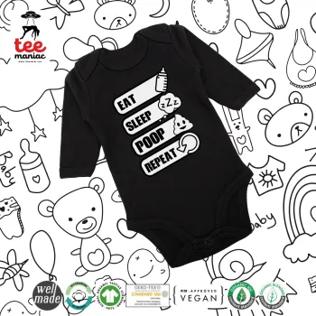 Eat, Sleep, Poop, Repeat, Μακρυμάνικο βρεφικό φορμάκι, 0-18 μηνών, ΜΑΥΡΟ, 100% Organic Cotton