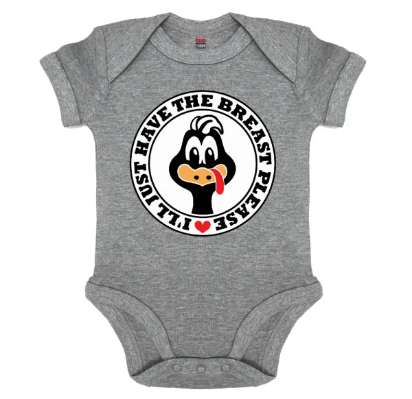 I'll Just Have The Breast Please — Short-sleeve baby bodysuit, 0-18 months, GREY MELANGE, 100% organic cotton